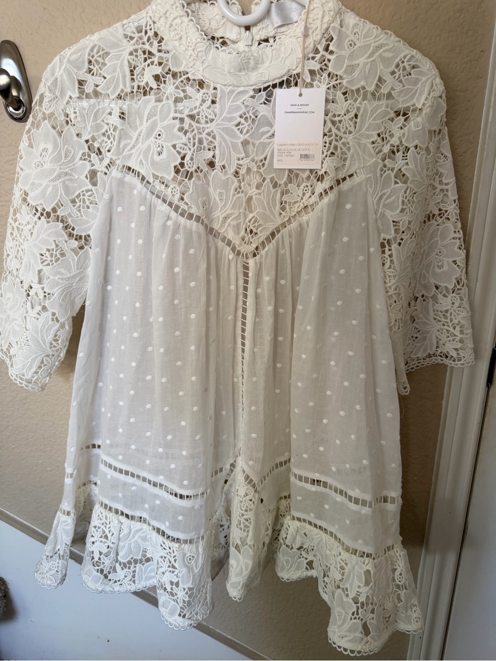 Zimmermann Cream Embroidered Lace Smock Top